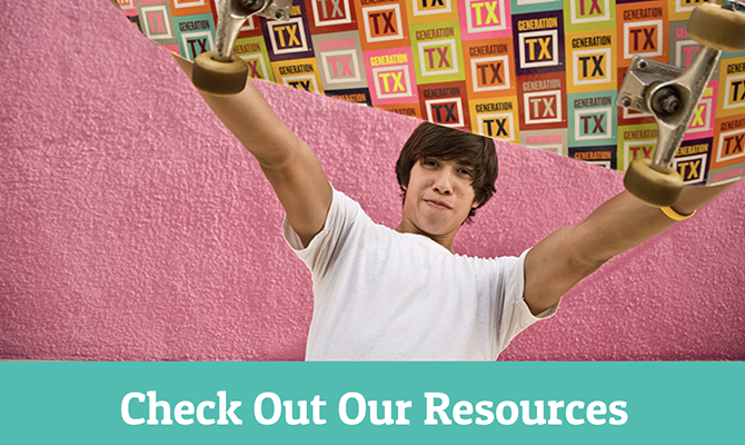 Boy holding skateboard above head labeled Check Out Our Resources