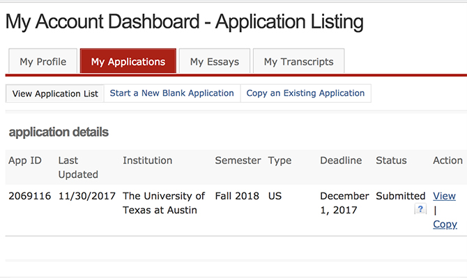 Sample dashboard showing progress of an application to University of Texas