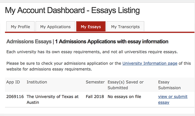 Sample dashboard showing progress on college essays