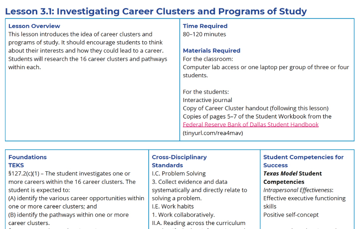 Screenshot of a lesson plan in the College and Career Readiness Curriculum